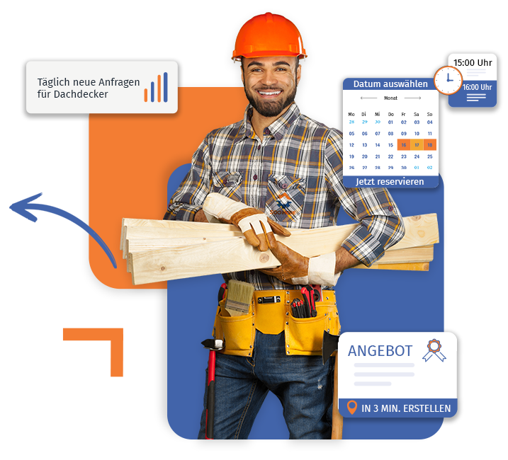 Ein zufriedener Dachdecker neben illustrierten Pop-ups, die die leichte Terminfindung, schnelles Ang