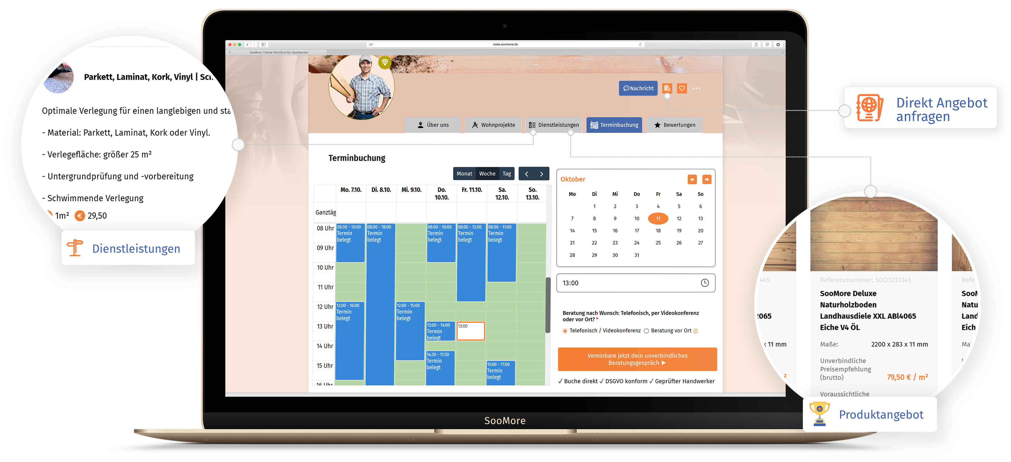 SooMore App auf drei iPhones, speziell für Bodenleger gesucht, mit benutzerfreundlichen Buchungs- un