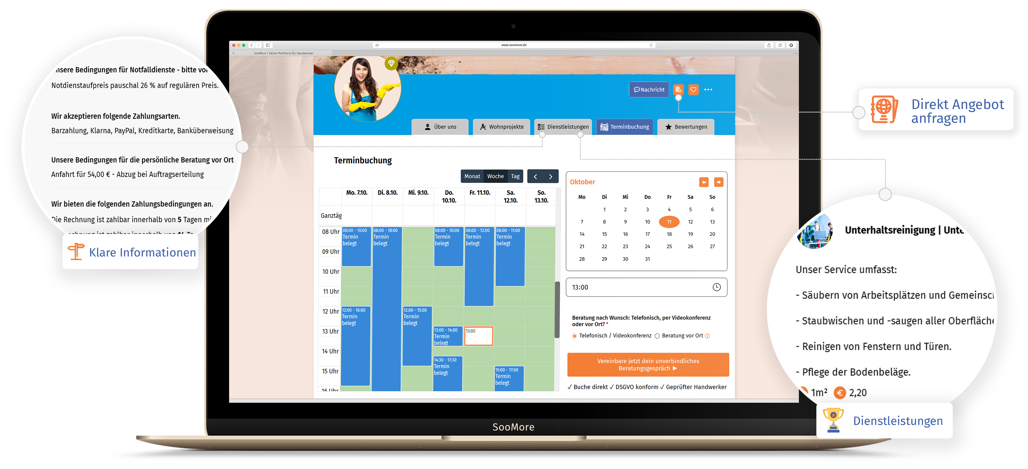 Visuelle Darstellung der SooMore App auf iPhones, optimiert für Büroreinigung in der Nähe, vereinfac