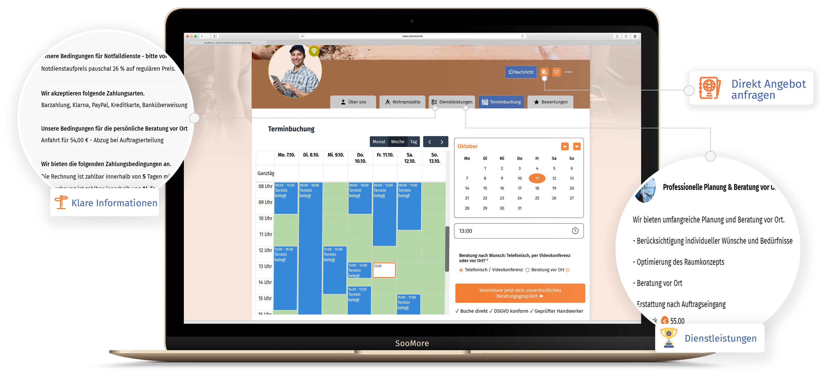 Visuelle Darstellung der SooMore App auf iPhones, optimiert für Handwerksbetrieb München, vereinfach