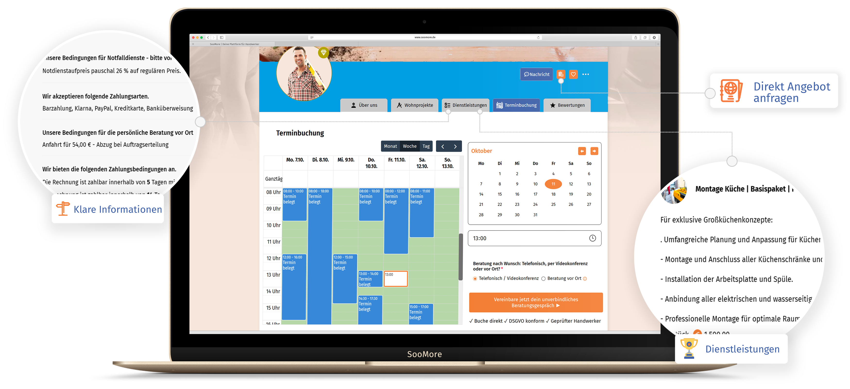 SooMore App auf drei iPhones, speziell für Küchenhersteller gesucht, mit benutzerfreundlichen Buchun