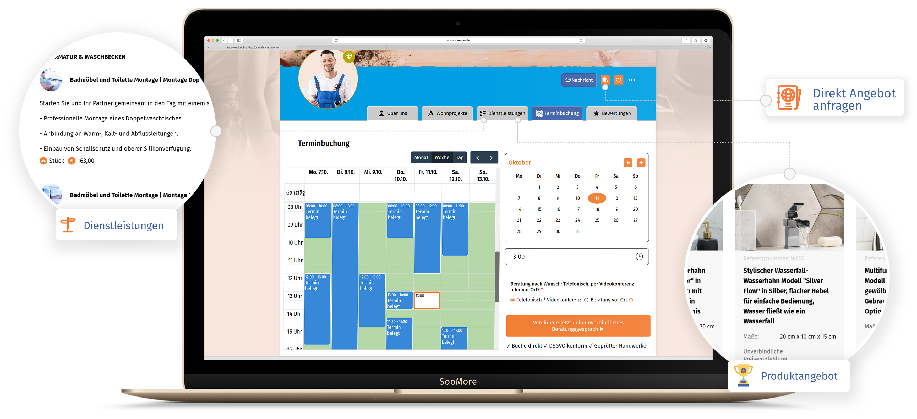 Visuelle Darstellung der SooMore App auf iPhones, optimiert für Sanitärinstallateur gesucht, vereinf