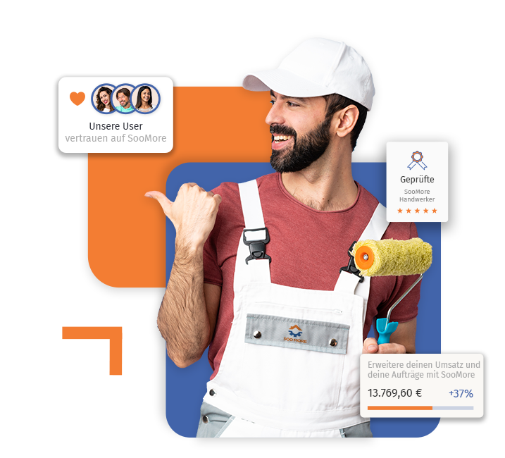 Ein glücklicher Maler und Lackierer präsentiert drei Pop-ups, die die Services von SooMore hervorheben: einfaches Buchen über den Kalender, das Erstellen von Angeboten in Minuten und den Zugang zu täglichen Aufträgen, Pinsel und Farbroller in Bereitschaft