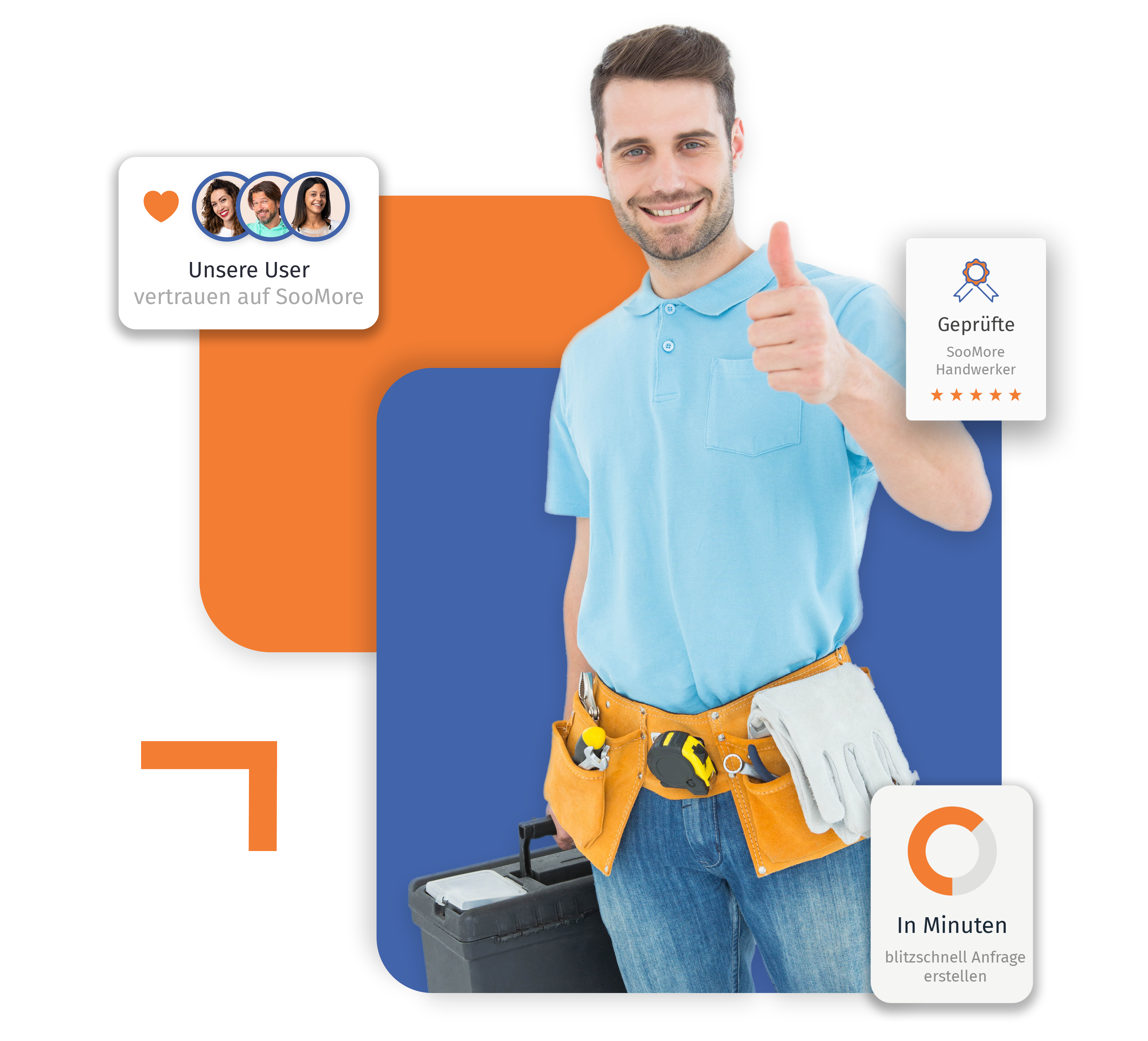 Fliesenleger gesucht: SooMore vermittelt dir Experten sofort. Wie auch das Bild hier aktuell zeigt. Mit drei Pop Ups, die den Mehrwert von SooMore hervorheben.