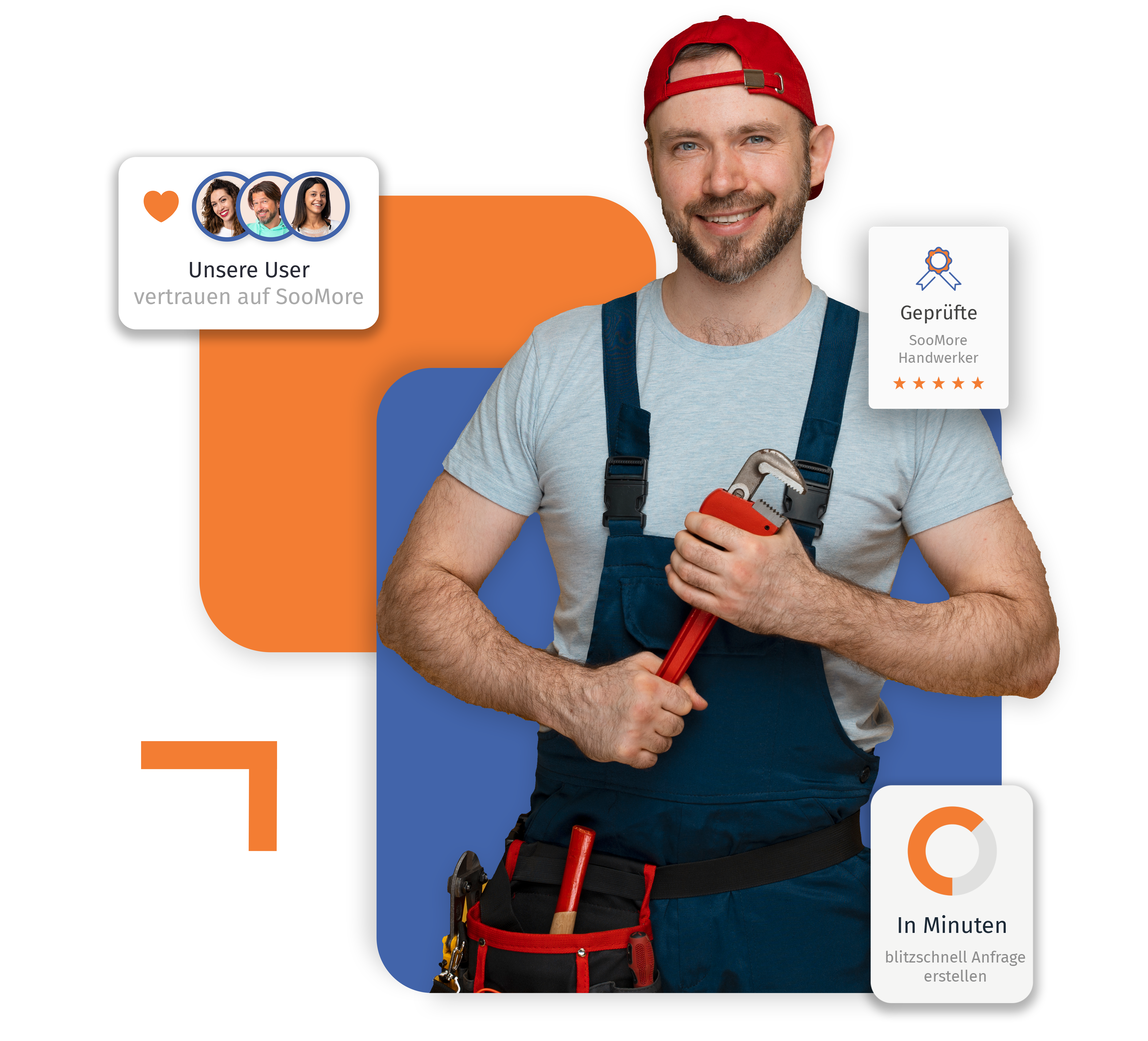 SooMore verbindet Dich mit den besten Installateur in München. Wie auch das Bild hier aktuell zeigt. Mit drei Pop Ups, die den Mehrwert von SooMore hervorheben.
