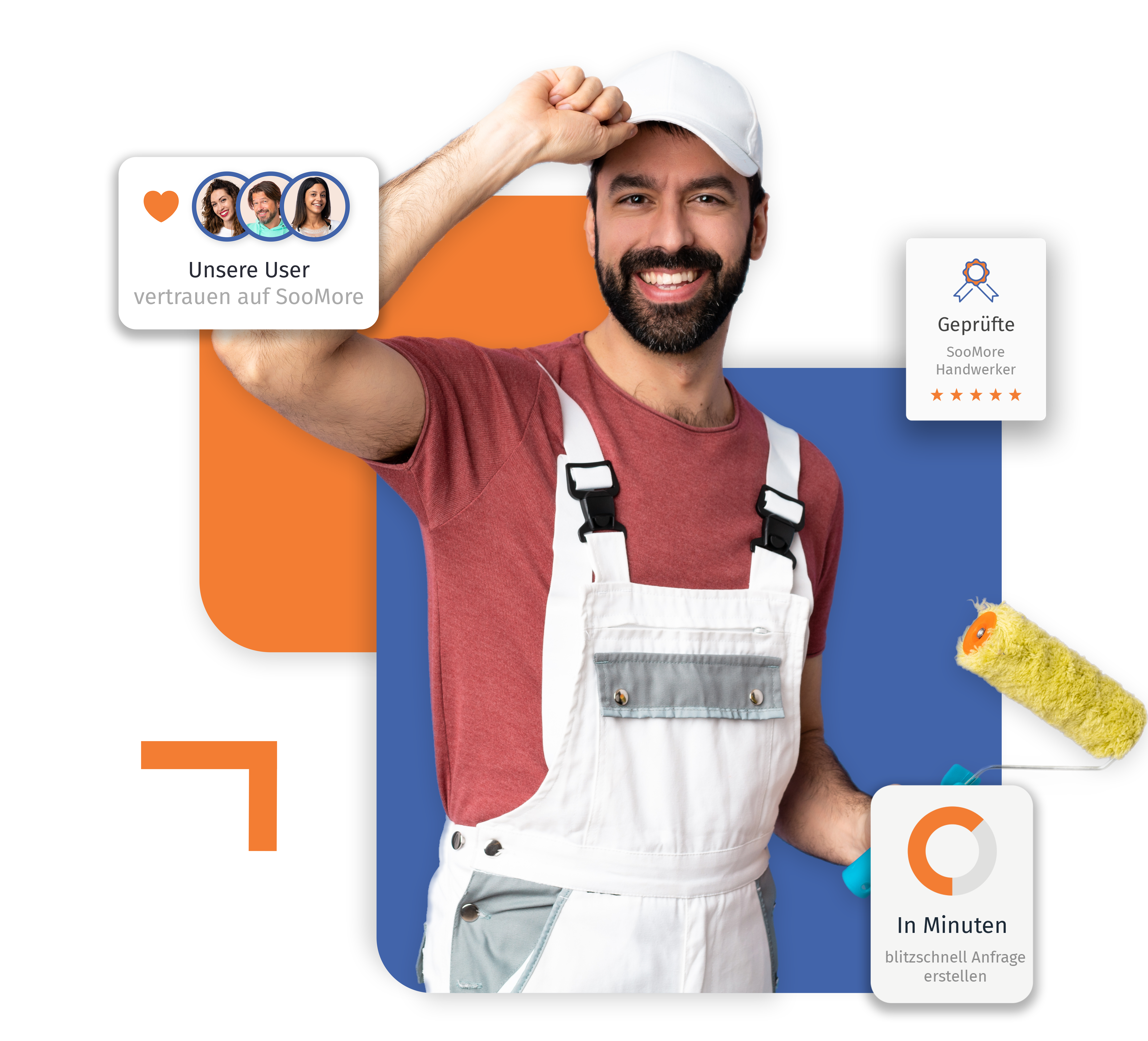 Maler gesucht? SooMore bringt Dich mit geprüften Experten zusammen. Wie auch das Bild hier aktuell zeigt. Mit drei Pop Ups, die den Mehrwert von SooMore hervorheben.