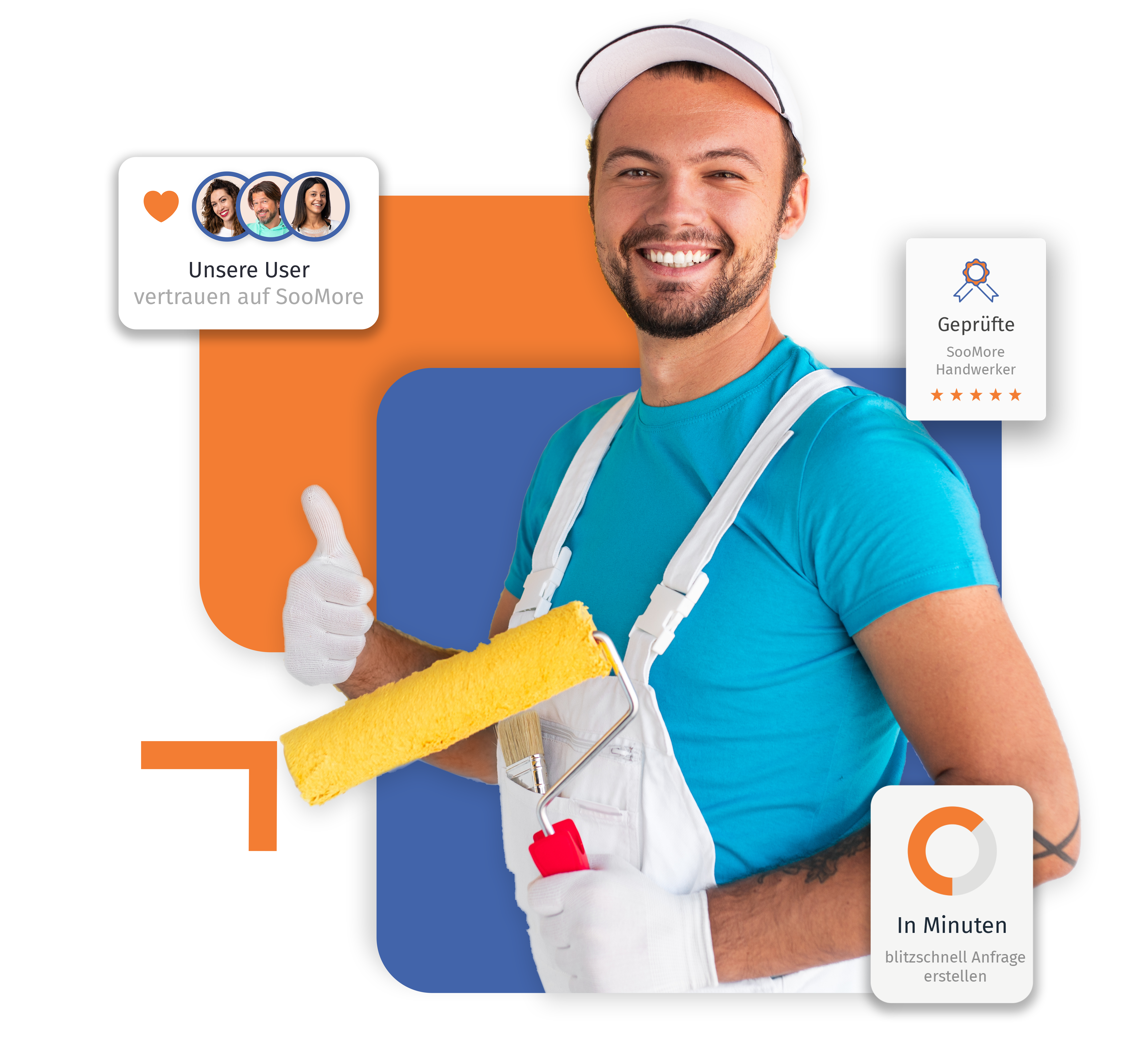 Malerbetrieb gesucht, der Deine Ideen umsetzt: Dann ist SooMore Dein Partner. Wie auch das Bild hier aktuell zeigt. Mit drei Pop Ups, die den Mehrwert von SooMore hervorheben.