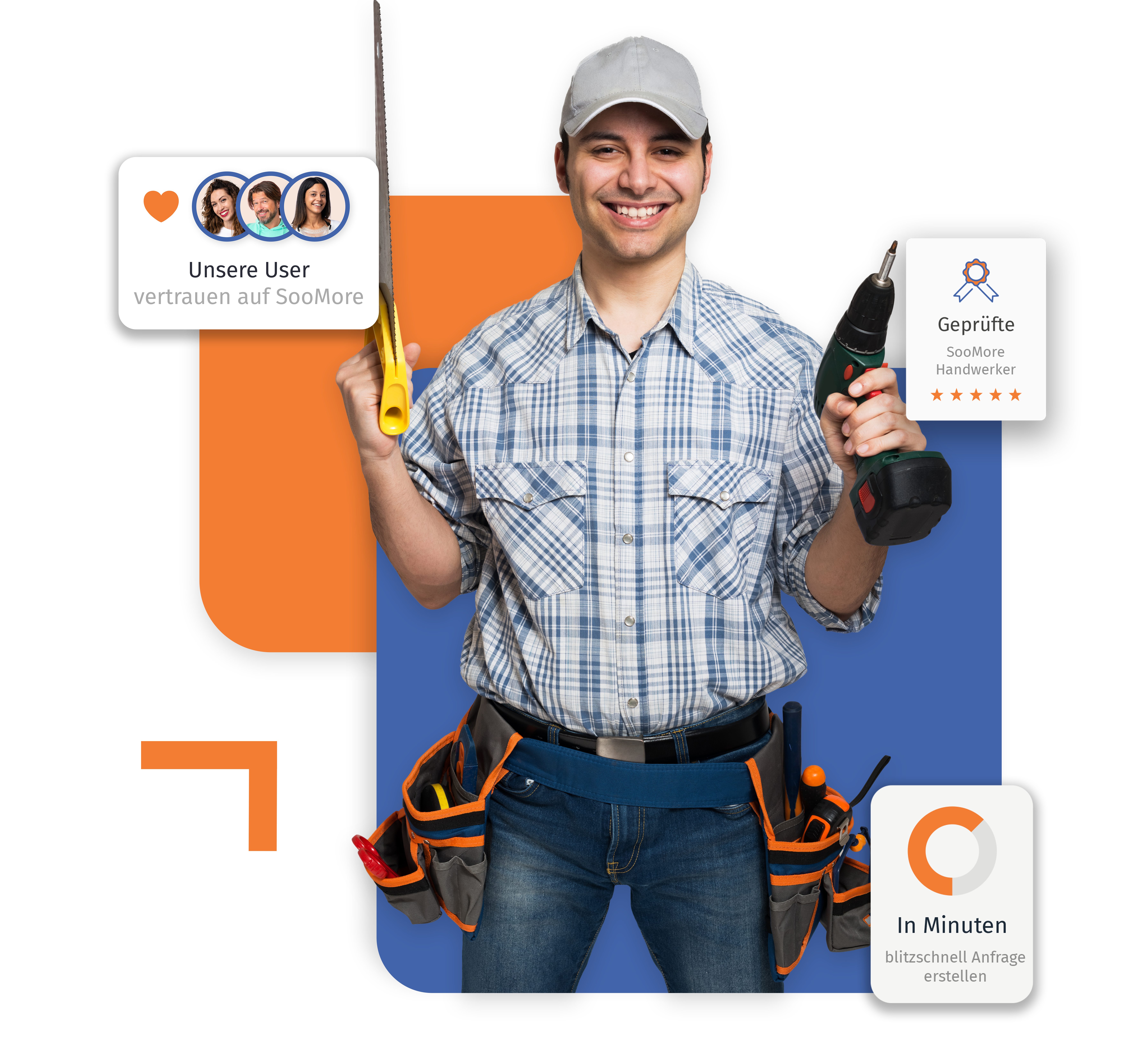 Pflasterer gesucht? SooMore bietet direkten Kontakt zu Experten. Wie auch das Bild hier aktuell zeigt. Mit drei Pop Ups, die den Mehrwert von SooMore hervorheben.
