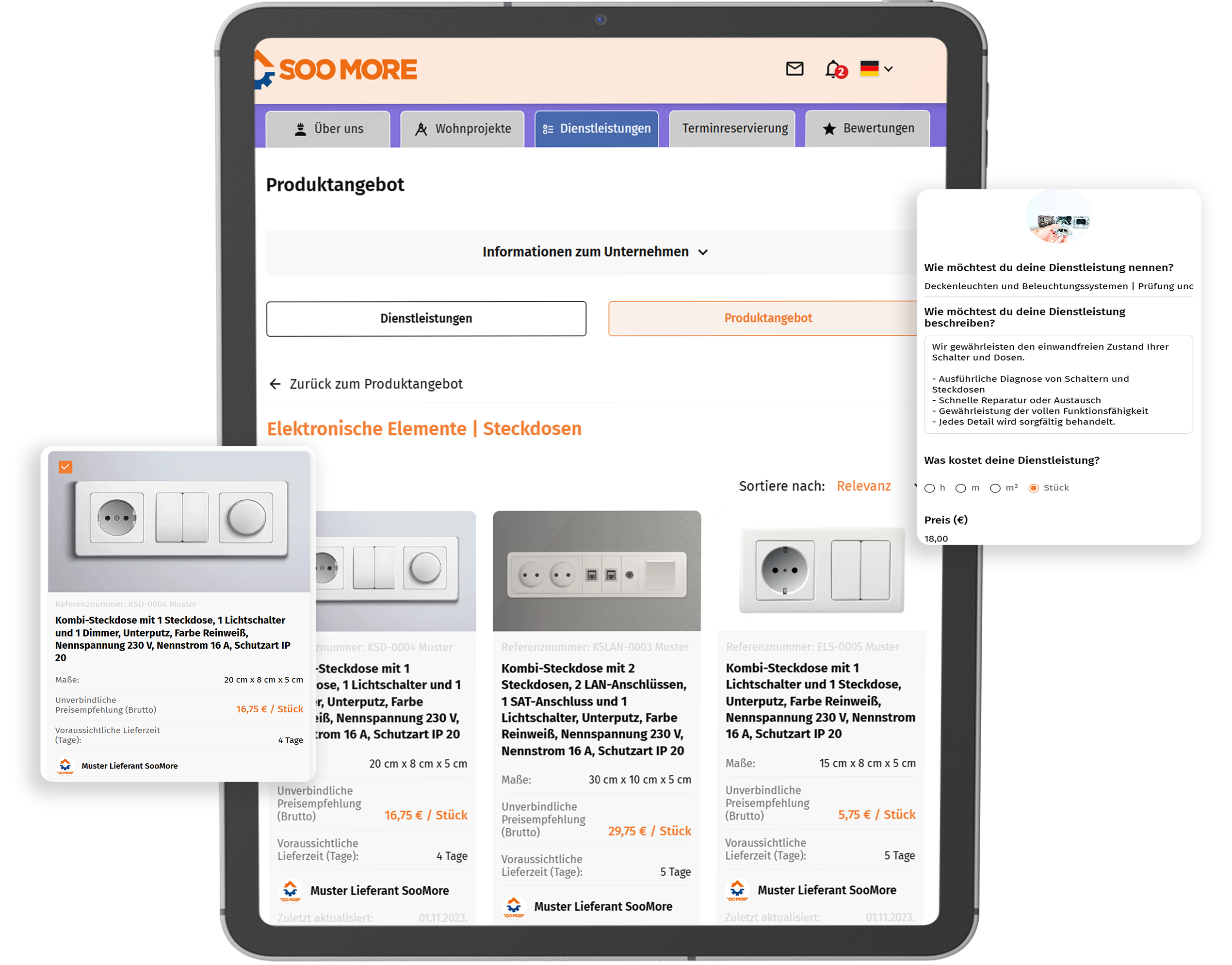 SooMore's digitaler Showroom zeigt Elektrikerangebote mit Produkt- und Dienstleistungsauswahl und Unternehmensinformationen anschaulich und interaktiv.