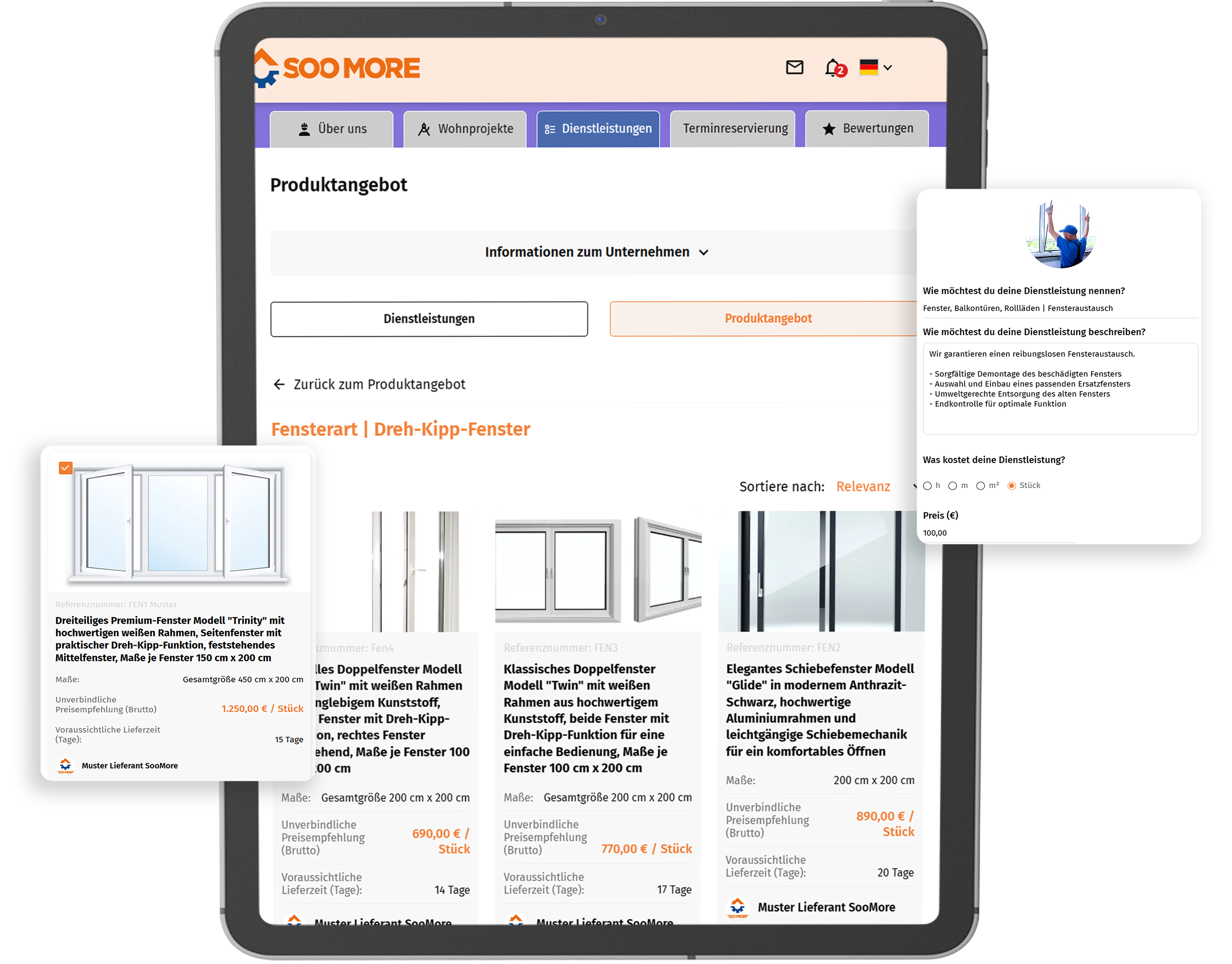 Der digitale Showroom von SooMore präsentiert Fensterbau- und Montagedienstleistungen mit einer Auswahl an Produkten und Dienstleistungsvorlagen, die Kunden sofort ansprechen.