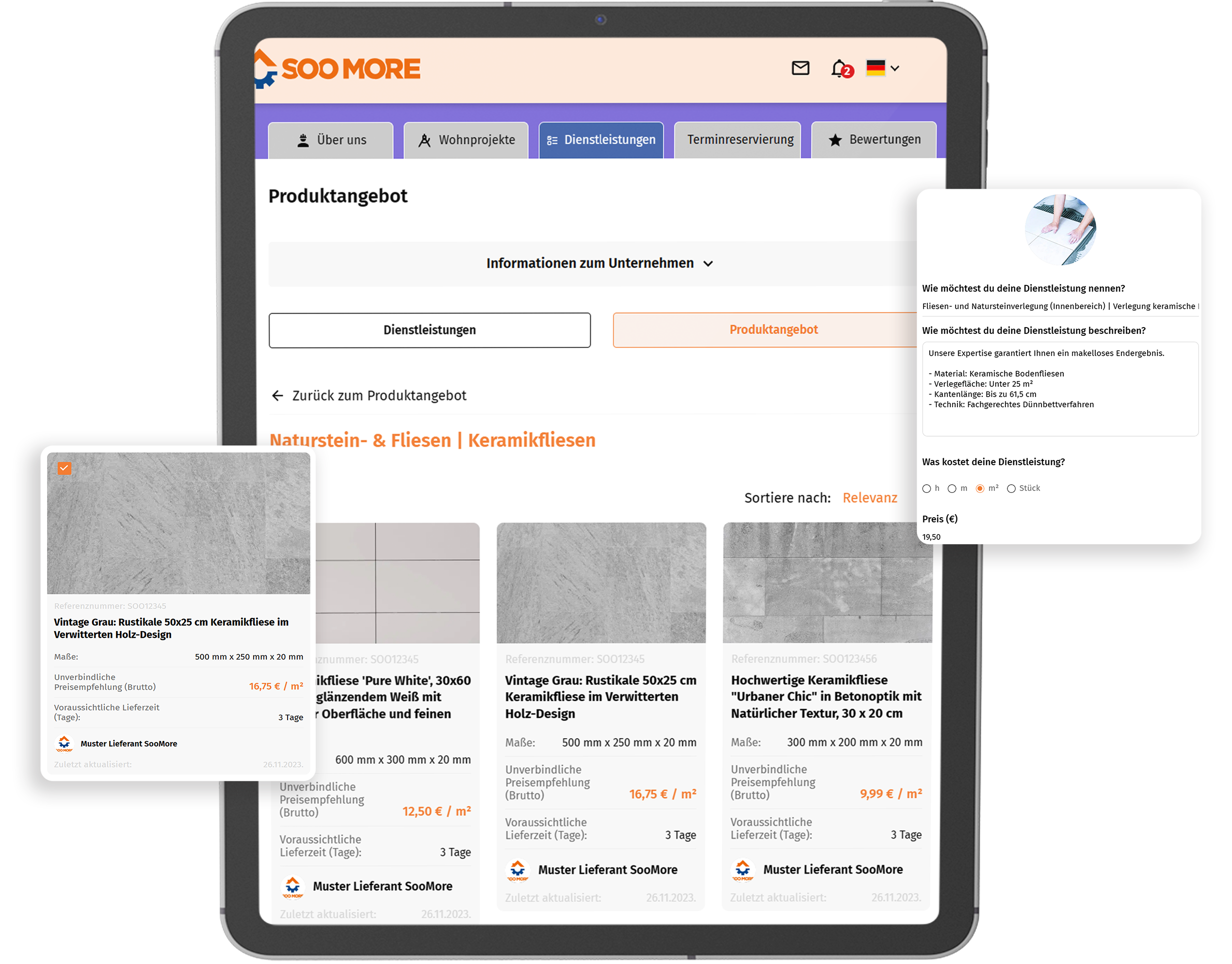 Ein Fliesenleger präsentiert seine Produkte und Dienstleistungen in SooMore's digitalem Showroom, begleitet von interaktiven Pop-ups für eine einfache Auswahl.