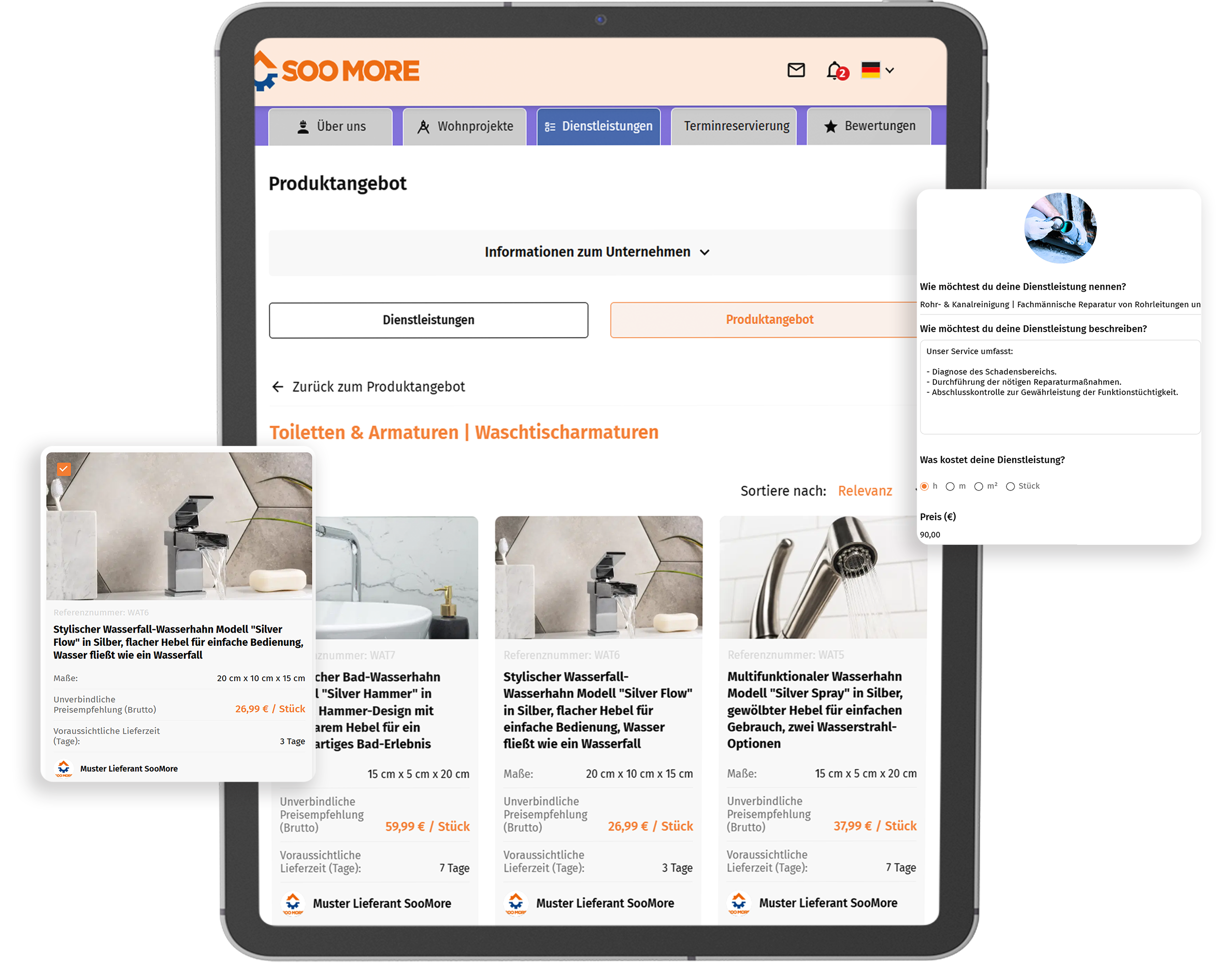 SooMore visualisiert Klempnerdienstleistungen mit einer benutzerfreundlichen Auswahl an Produkten und Dienstleistungen, dargestellt in einem interaktiven Showroom.