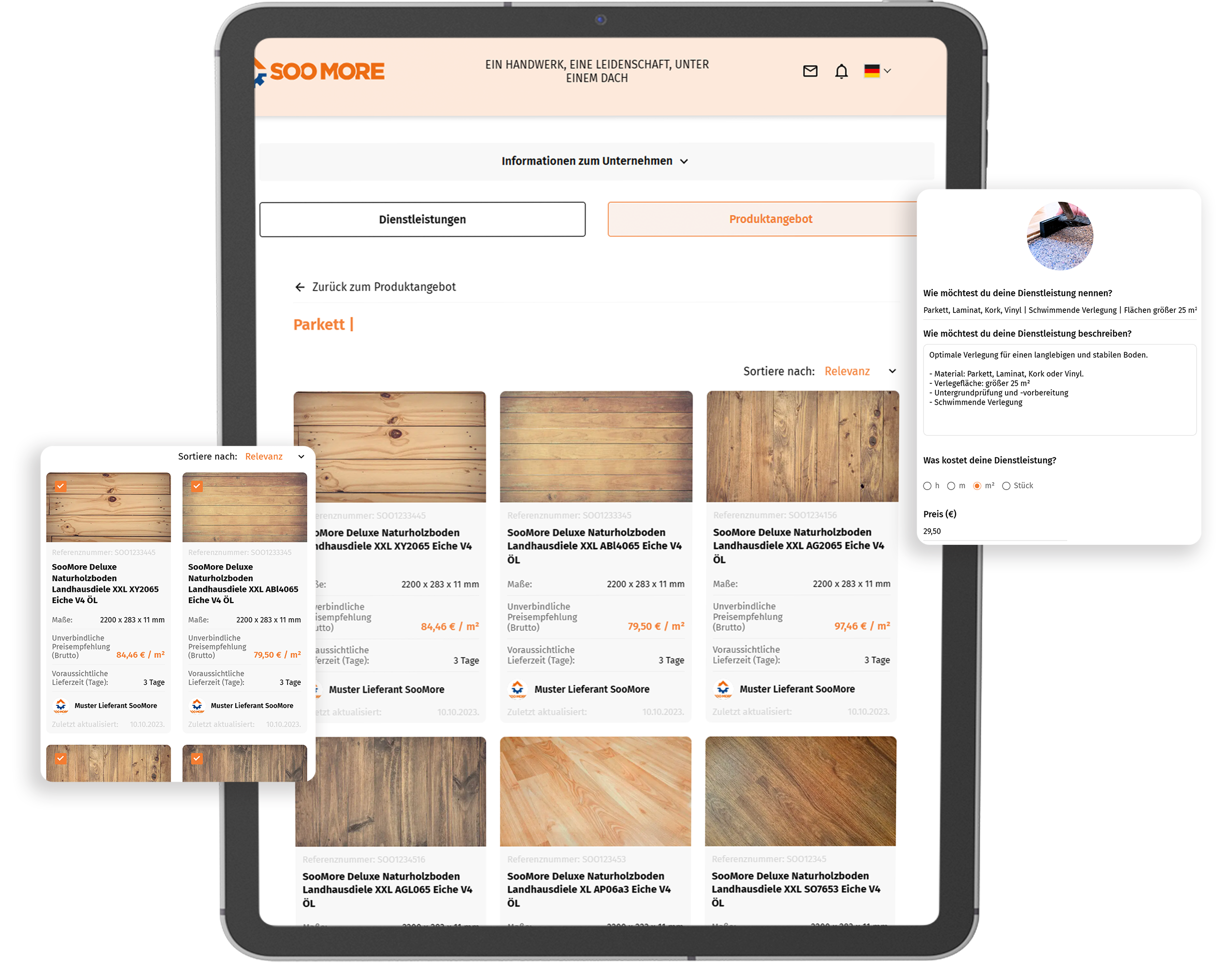 SooMore's digitaler Showroom präsentiert Parkettlegerdienstleistungen mit Produktauswahl und detaillierten Dienstleistungsvorlagen für einen ansprechenden Kundenüberblick.