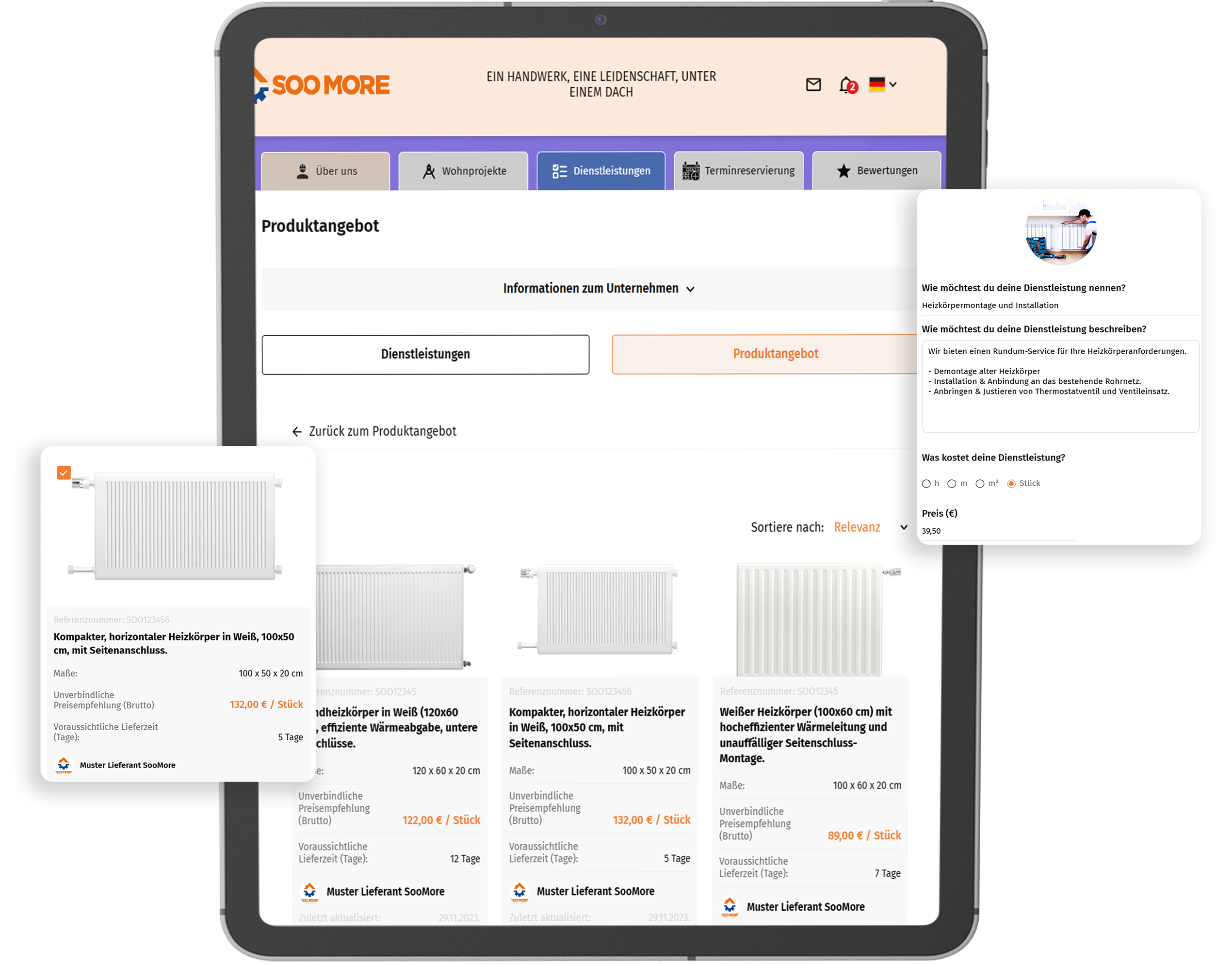 Im SooMore Showroom Sanitär- und Heizungsdienstleistungen attraktiv darstellen, mit einfacher Produktwahl und Dienstleistungsvorlagen für Kunden.