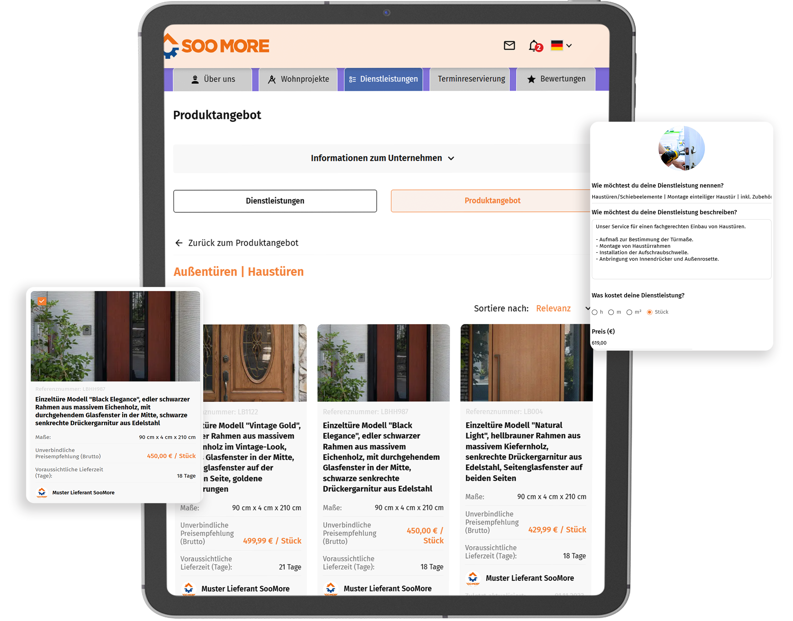 Der SooMore Showroom visualisiert Türenbau- und Montageservices mit einer benutzerfreundlichen Auswahl und präsentiert diese in vordefinierten, kundenorientierten Vorlagen.
