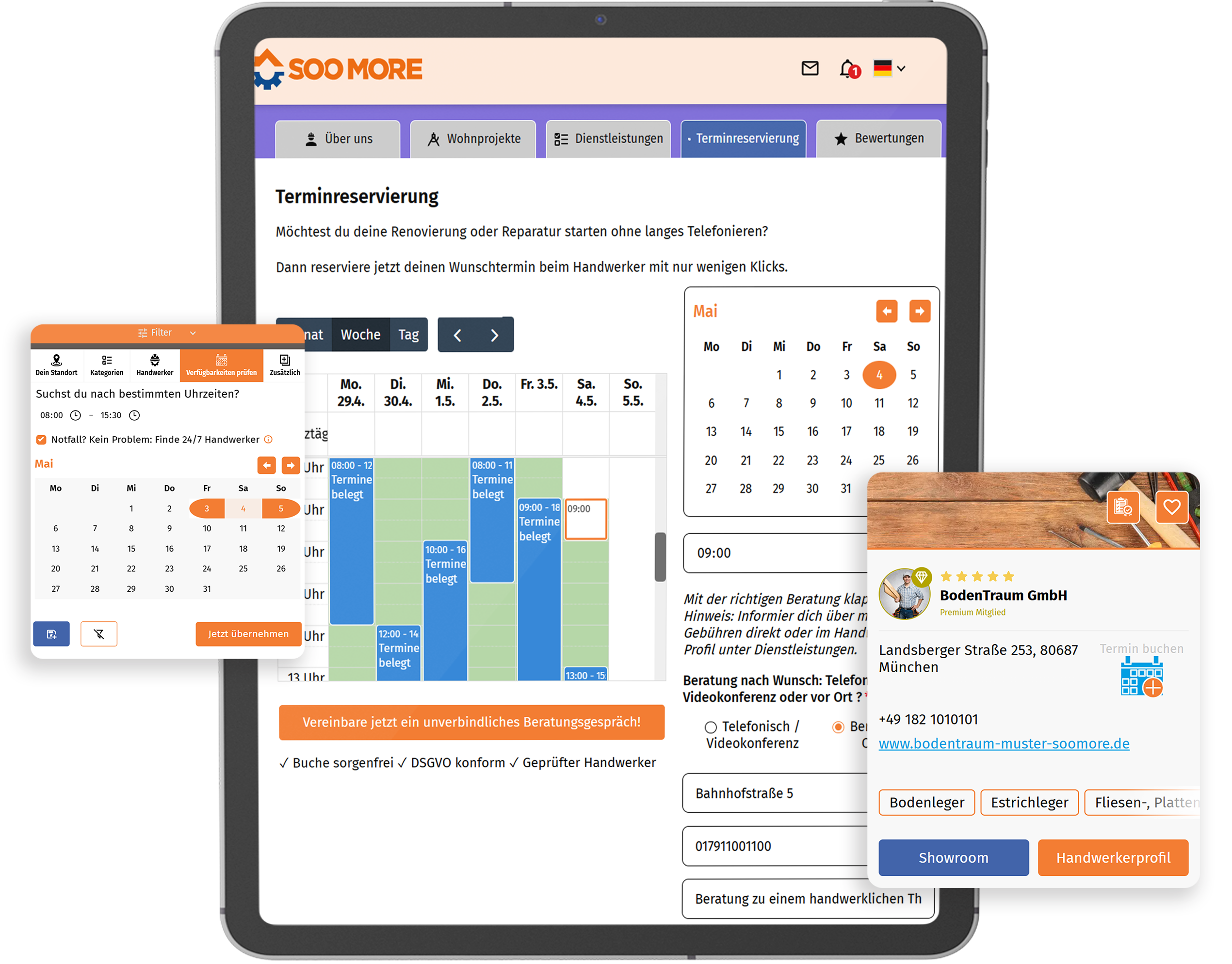 SooMore stellt Bodenlegerdienste visuell dar und vereinfacht für Kunden die Buchung von Beratungen und Dienstleistungen durch einen interaktiven Terminkalender.