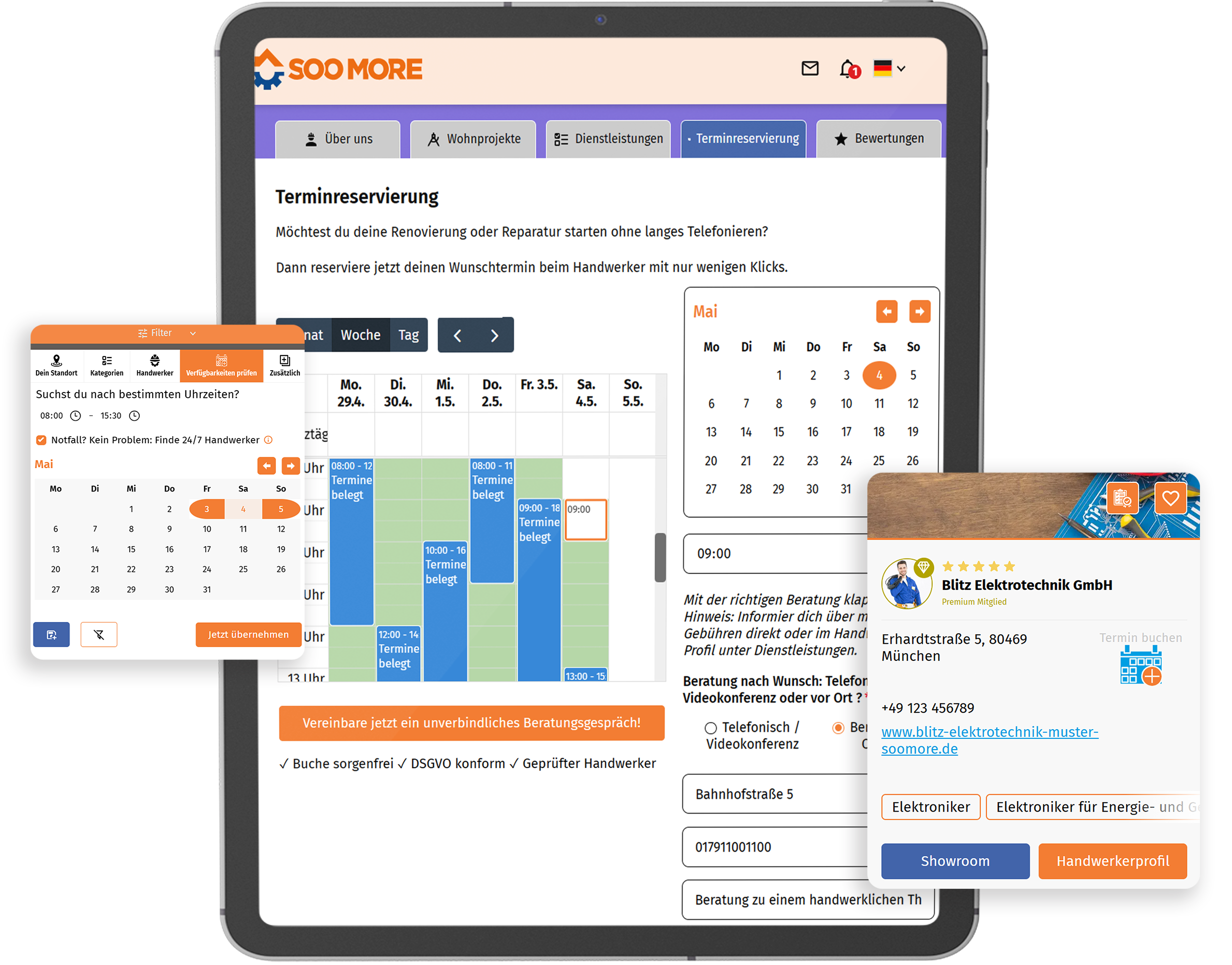 Ein Screenshot zeigt die einfache Direktbuchung von Elektrikerservices auf SooMore, ergänzt durch Pop-ups mit online sichtbaren Projekten und kundenspezifischen Suchfiltern.
