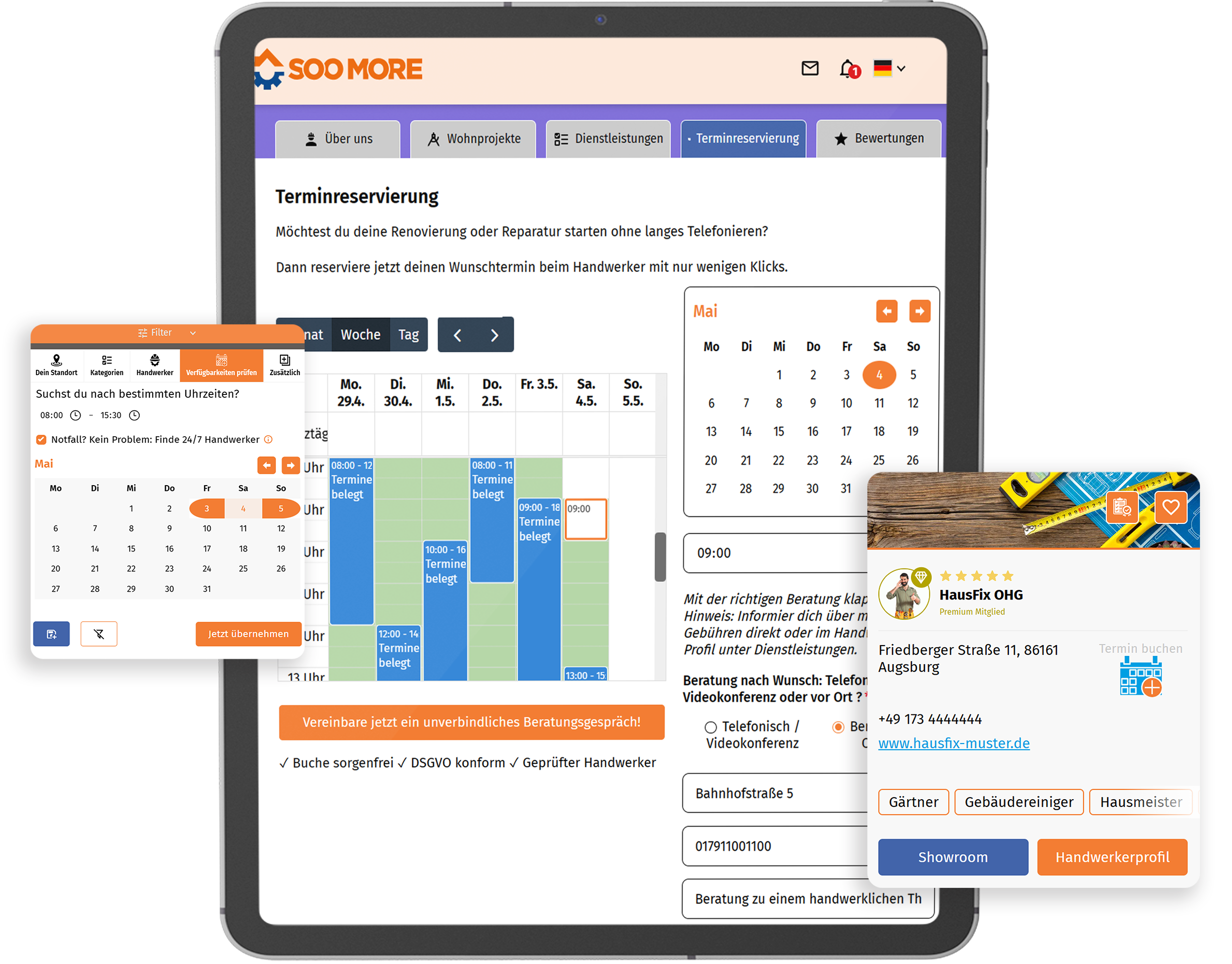 SooMore ermöglicht es Hausmeistern, ihre Vielfalt an Dienstleistungen zu zeigen und erleichtert Kunden die Buchung durch einen klaren und zugänglichen Online-Kalender.