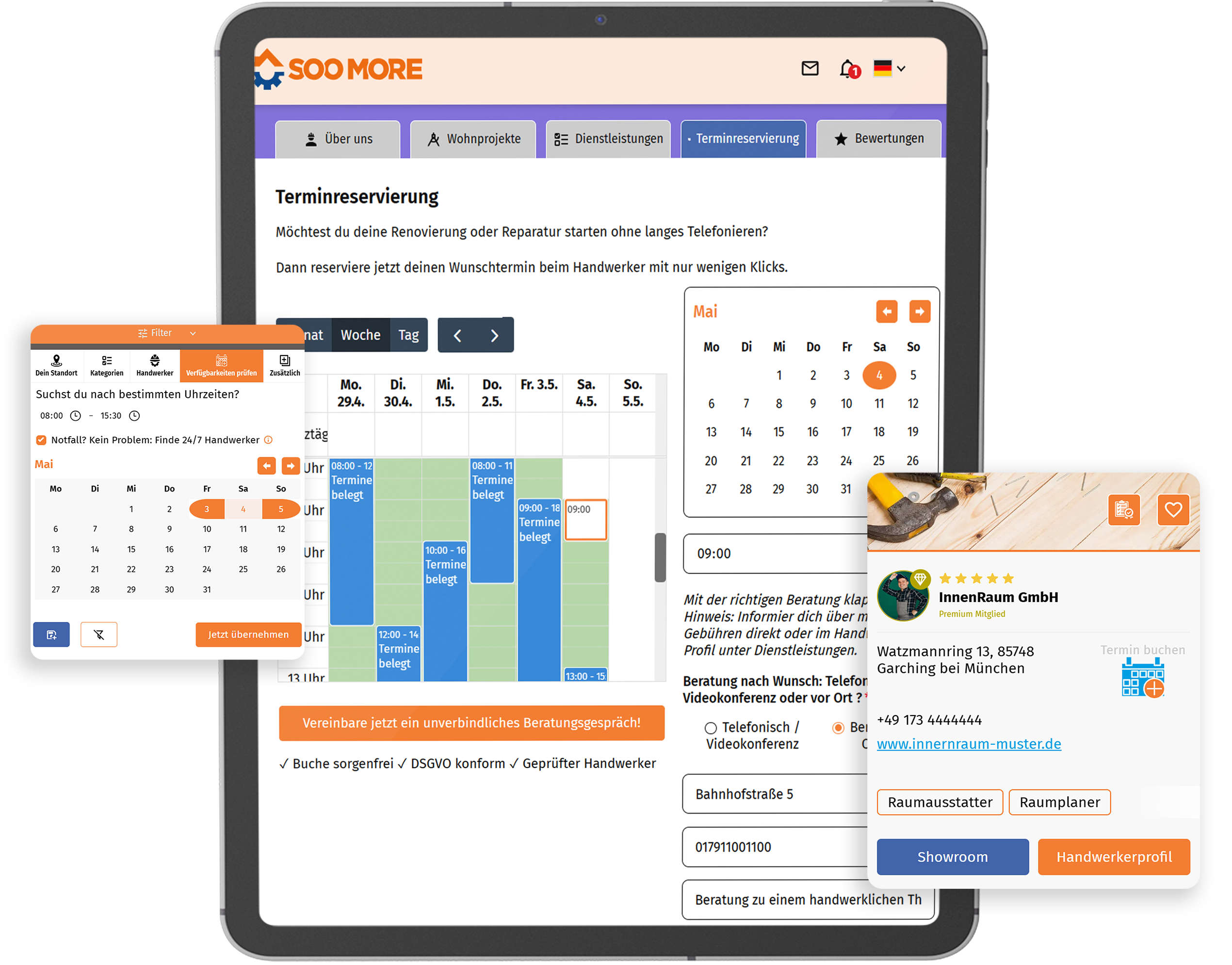 SooMore's interaktive Plattform ermöglicht es Kunden, Raumausstatterdienste zu entdecken und Beratungstermine einfach zu planen, mit einer visuellen Übersicht der Serviceangebote.