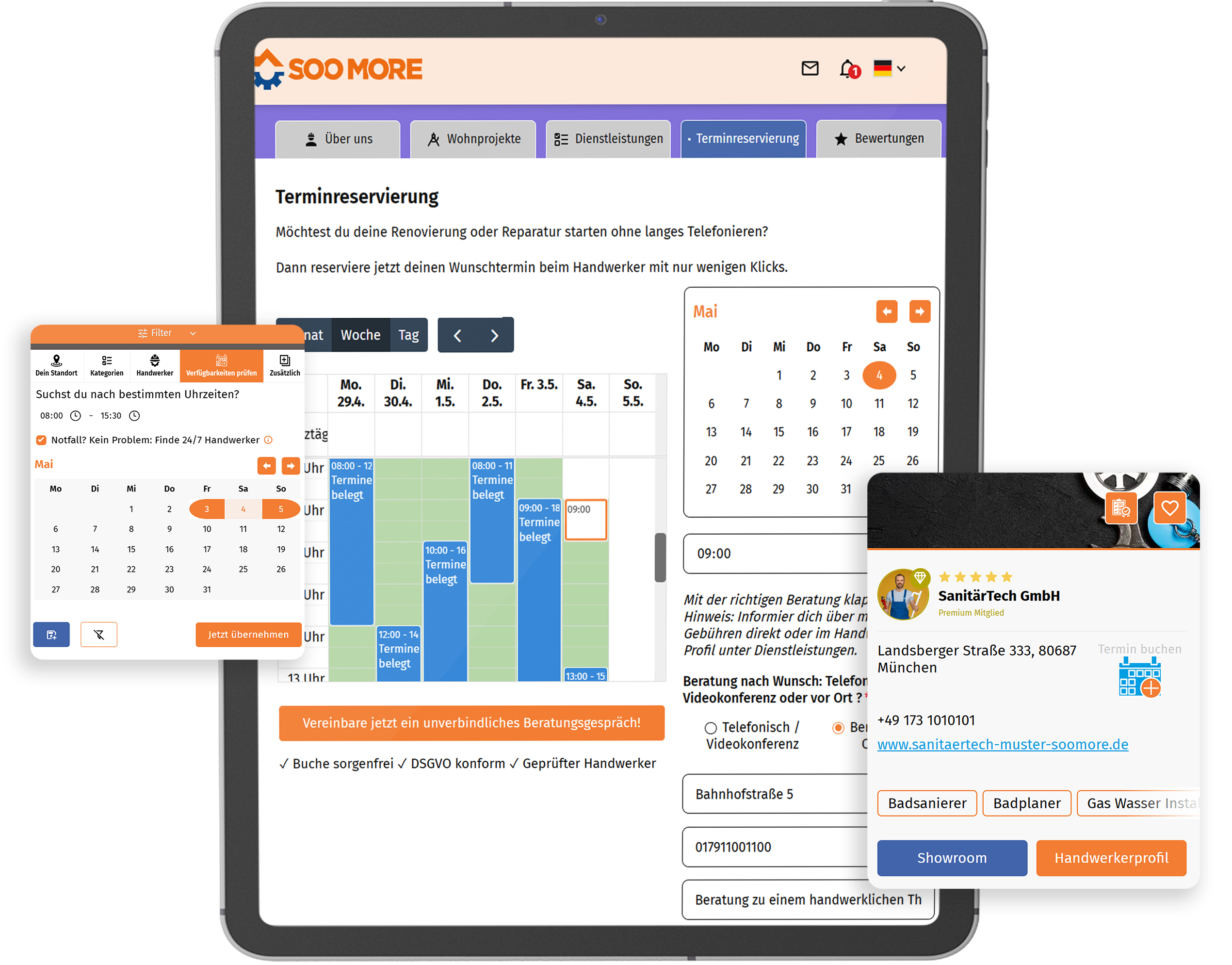 Auf SooMore können Kunden die Sanitär- und Heizungstechnikdienste einsehen und mit wenigen Klicks Termine buchen, unterstützt durch eine klare Darstellung der Verfügbarkeit.