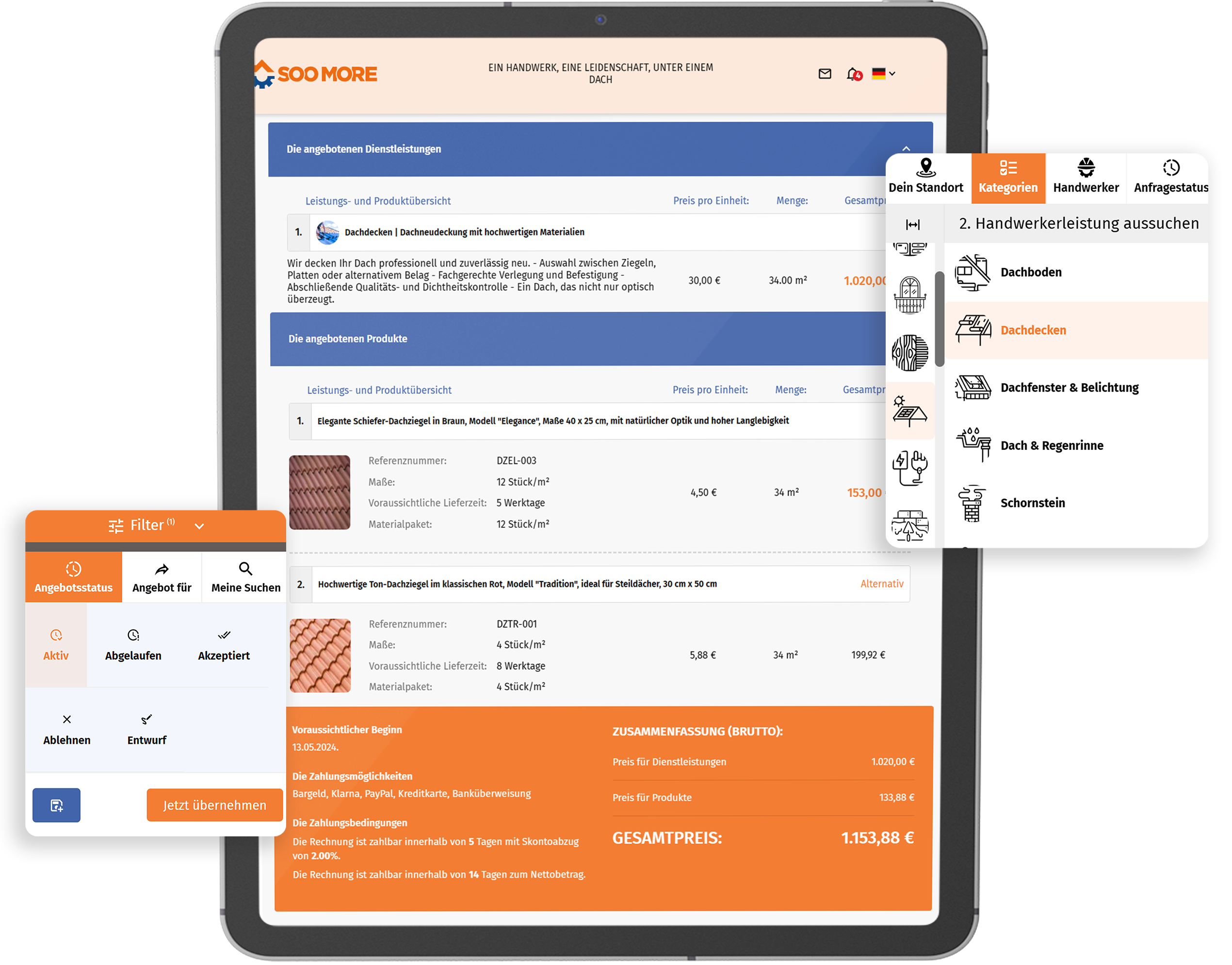 Screenshot zeigt SooMore-Oberfläche, auf der Dachdecker gezielte Anfragen filtern und mit Klick Angebote erstellen können, inklusive Übersicht über den Auftragsstatus.