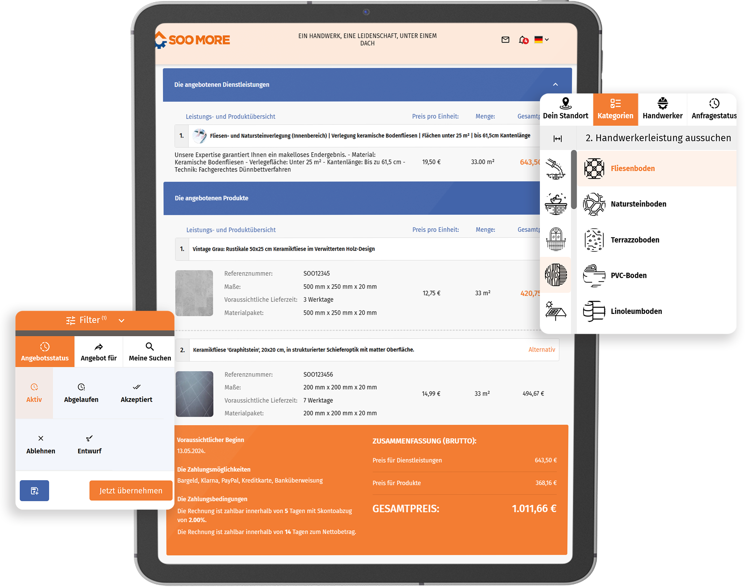 Die SooMore-Plattform ermöglicht Fliesenlegern die schnelle Erstellung von Angeboten basierend auf gefilterten Anfragen, mit einer klaren Darstellung des Auftragsstatus in Pop-ups.