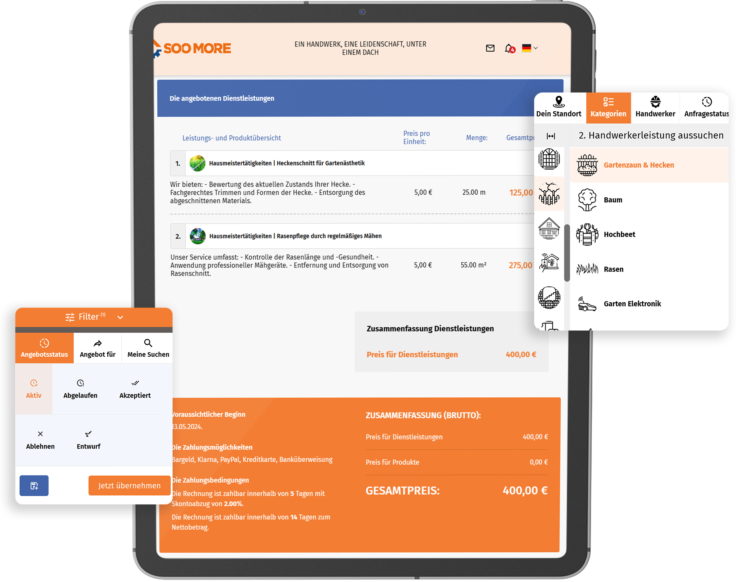 SooMore stellt dar, wie Garten- und Landschaftsbauer aus einer Fülle von Anfragen wählen, zügig Angebote formulieren und stets den Überblick über den Auftragsfortschritt behalten.