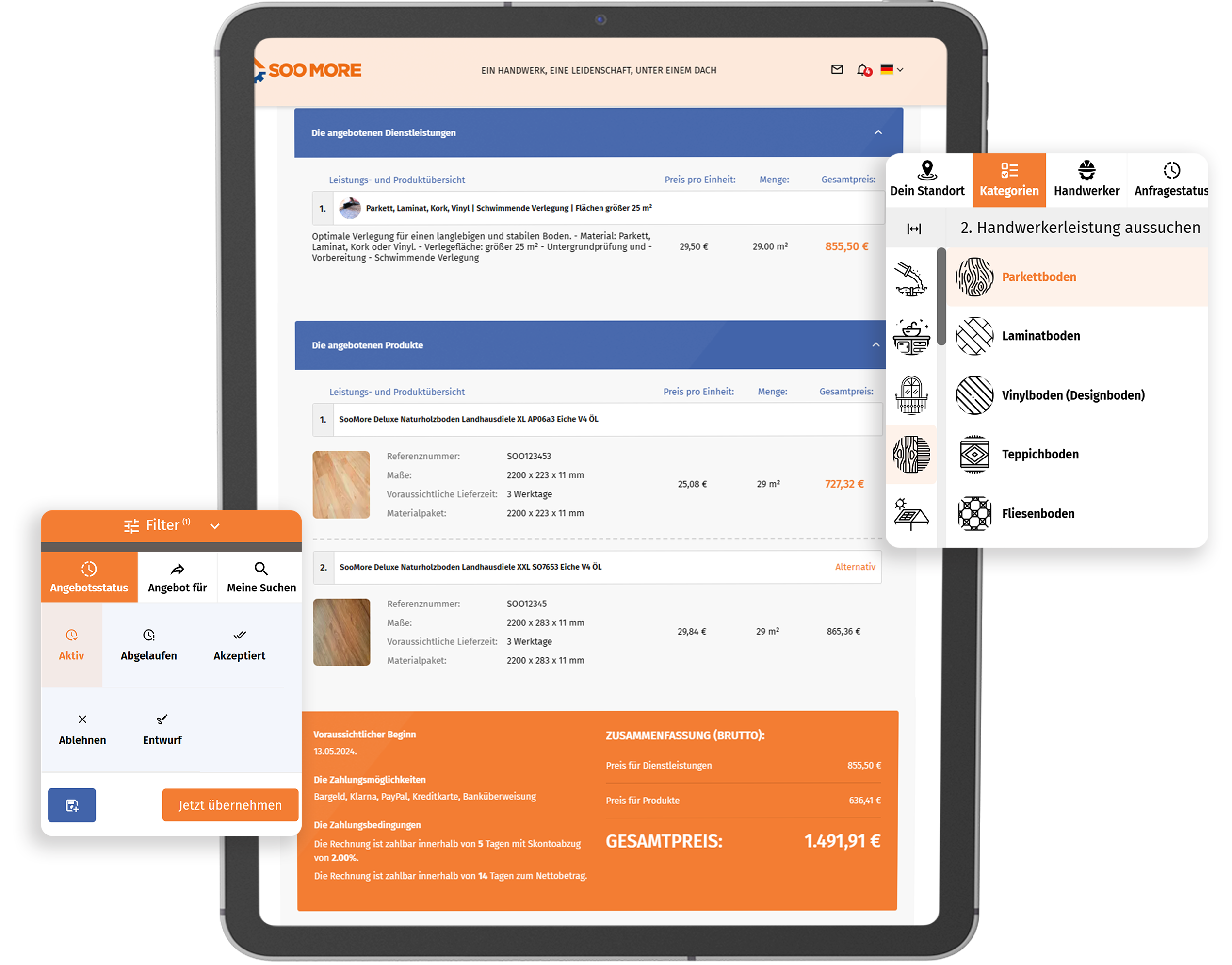 SooMore zeigt, wie Parkettleger maßgeschneiderte Angebote auf Basis von spezifischen Kundenanfragen erstellen und den Fortschritt ihrer Aufträge genau verfolgen können.